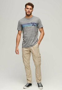 Gray short-sleeve t-shirt with blue and green stripes; beige cargo pants; black sneakers; model standing with hands in pockets.