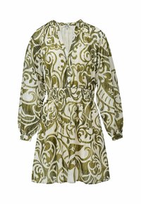 Vestido de estampado verde y blanco con escote en V, mangas largas abullonadas, cintura elástica y falda fluida. La tela tiene un acabado texturizado.