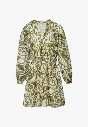 Grün-weiß gemustertes Kleid mit V-Ausschnitt, langen Puffärmeln, elastischem Bund und fließendem Rock. Der Stoff hat eine strukturierten Oberfläche.