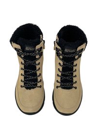 Beige suede boots with black fleece lining, round toe, black textured laces, and cushioned soles. Logo on the tongue.