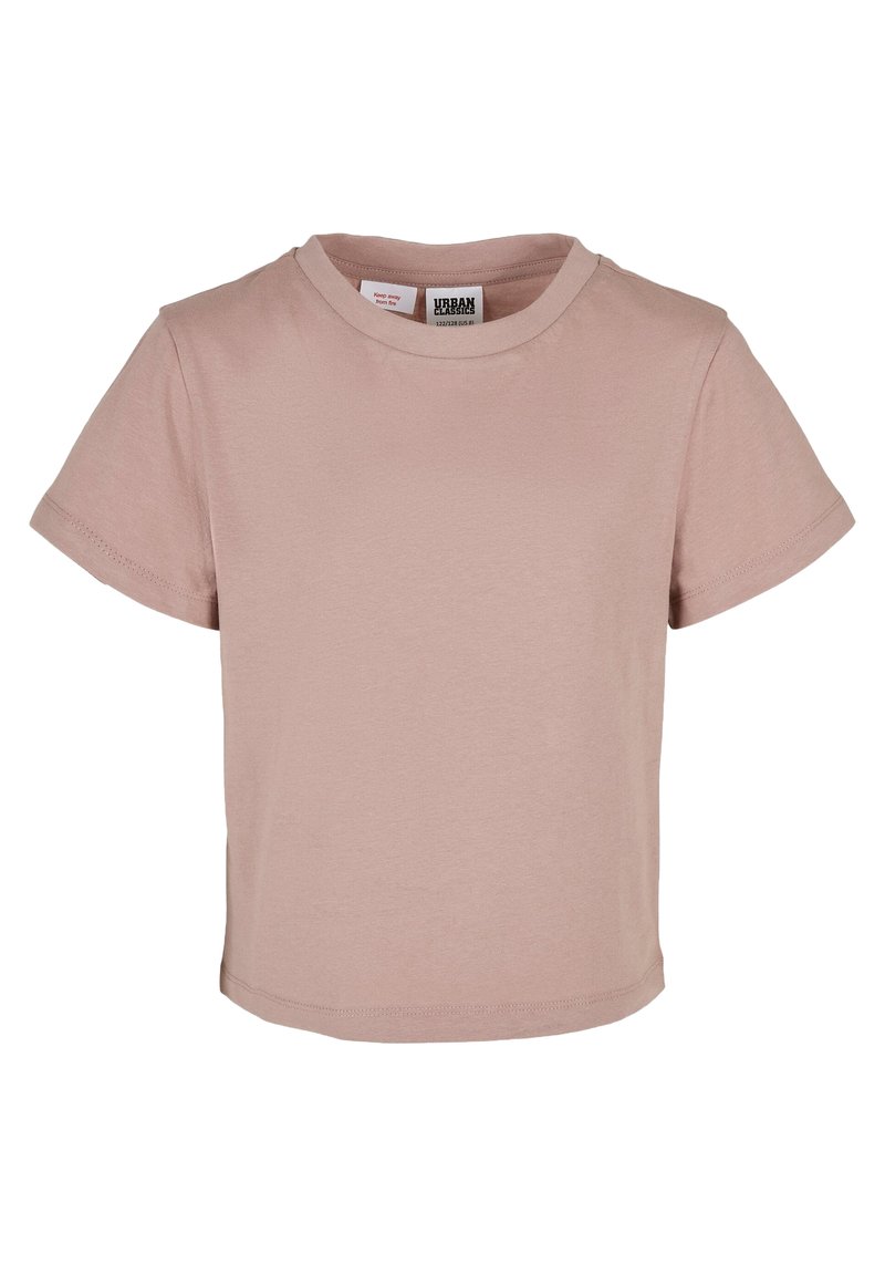Rövid ujjú, kerek nyakú póló világos rózsaszín pamutból, testhez álló fazonnal és szegélyezett szélekkel. Címke látható a nyakrészben.