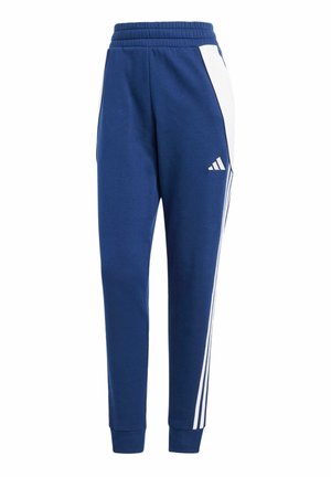 Pantaloni sportivi blu navy con pannelli bianchi sui lati, vita elasticizzata, polsini a costine e tre strisce bianche sui lati.