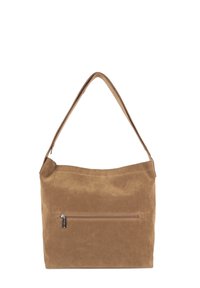 Borsa a spalla in suede marrone con una texture morbida, una tracolla e una tasca con zip frontale. Design semplice, non decorato, con forma rettangolare.