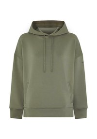 Sudadera con capucha de color verde oliva, mangas largas, bolsillo canguro delantero, cordón en la capucha y puños y bajo acanalados.