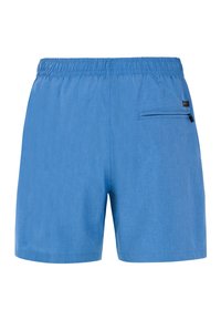 Modré plavecké šortky vyrobené z ľahkého materiálu, s elastickým pásom a vreckom na zips na zadnej strane na uskladnenie.