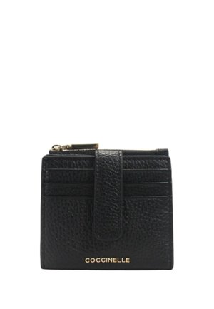 Black leather wallet with pebbled texture, featuring a zip closure, multiple card slots, and a front strap. Gold branding on the bottom.