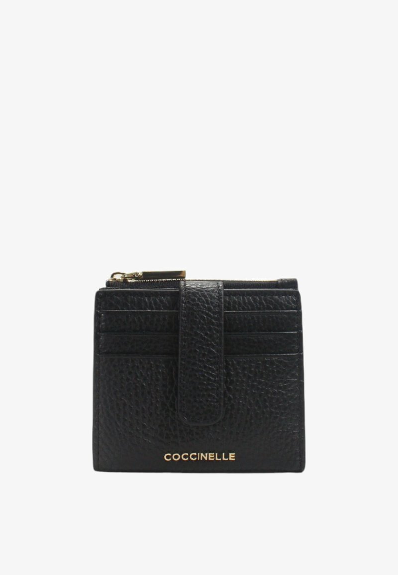Black leather wallet with pebbled texture, featuring a zip closure, multiple card slots, and a front strap. Gold branding on the bottom.