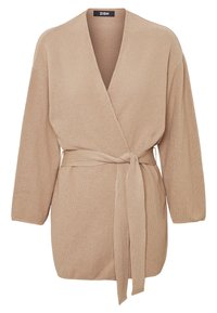 Beige gebreide wikkelcardigan met een diepe V-hals, brede mouwen en een bijpassende strikriem in de taille voor een verstelbare pasvorm. Gelaagd weefsel.