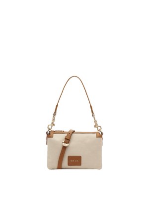 Piccola borsa rettangolare beige con trama, tracolla in pelle marrone, dettaglio fibbia e toppa con logo "BIASIA" sul davanti.