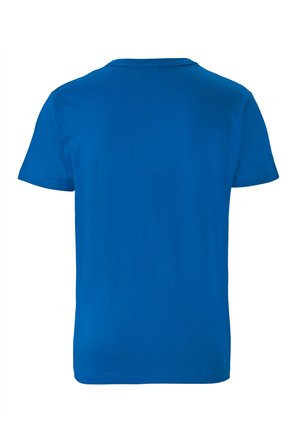 Blaues kurzärmeliges T-Shirt aus Baumwolle, mit rundem Halsausschnitt und glatter Textur, ohne sichtbare Muster oder Grafiken.