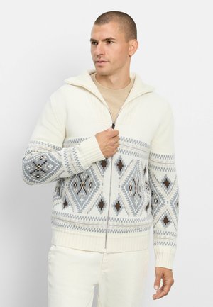 Uomo che indossa un maglione con cerniera bianco e grigio a motivo, camicia beige sotto e pantaloni chiari, in piedi davanti a uno sfondo semplice.