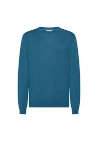 Maglione turchese a maglia con maniche lunghe, collo a giro, polsini e fondo a coste, caratterizzato da un piccolo logo in una tonalità contrastante sul petto.