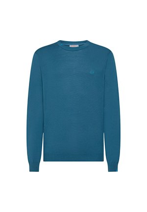 Maglione turchese a maglia con maniche lunghe, collo a giro, polsini e fondo a coste, caratterizzato da un piccolo logo in una tonalità contrastante sul petto.