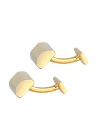 Goldfarbene Manschettenknöpfe mit einem geometrischen Design, das glatte Oberflächen und einen geschwungenen Verbindungsstück für sicheren Halt aufweist.