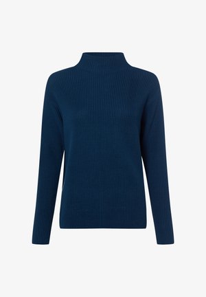 Pull en tricot bleu marine avec un col montant et des manches longues, présentant une texture côtelée sur toute la surface. Design simple et sans ornement.