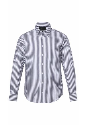 Camisa de manga larga a rayas azul y blanca, de tela de algodón, con cuello puntiagudo, cierre de botones, puños a contraste y corte regular.