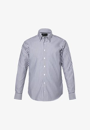 Chemise à manches longues rayée bleue et blanche, en tissu coton, col pointu, fermeture à boutons, avec des poignets contrastants et une coupe régulière.