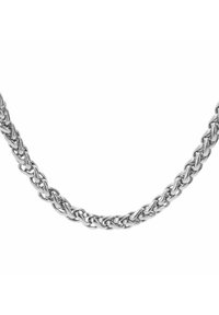 Collana in argento con maglie intrecciate e finitura lucida, che mette in risalto un design robusto e flessibile e una texture liscia.