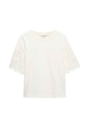 Wit t-shirt met korte mouwen en geschulpte zoom, met bloemrijke borduursels op de linkermouw en een ronde halslijn. Zacht, lichtgewicht stof.