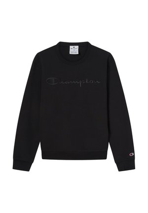 Sudadera negra de mezcla de algodón, con cuello redondo, puños de canalé y un logotipo bordado en relieve de "Champion" en el pecho.