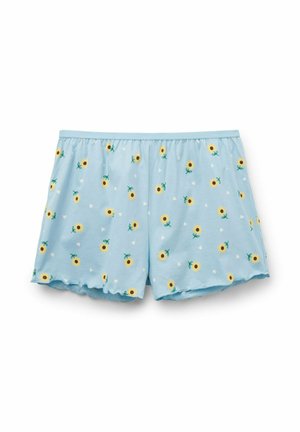 Short bleu clair avec taille élastique, motifs dispersés de tournesols jaunes et petits cœurs blancs, et ourlets légèrement froissés.