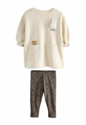 Two-piece children's outfit: beige sweatshirt with puff sleeves, features Miffy embroidery and pockets; brown leggings patterned with bunny faces.