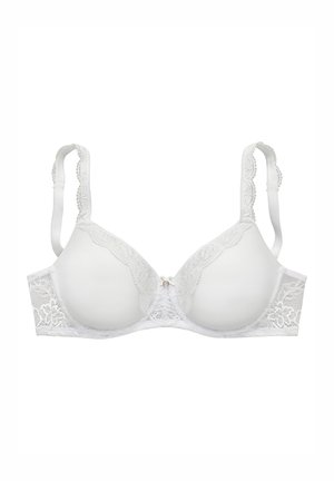 Weißer Spitzen-BH mit durchscheinenden Spitzen-Details, glatten Stoffcups, verstellbaren Trägern und einer kleinen dekorativen Schleife in der Mitte vorne.