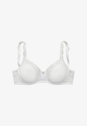 Weißer Spitzen-BH mit durchscheinenden Spitzen-Details, glatten Stoffcups, verstellbaren Trägern und einer kleinen dekorativen Schleife in der Mitte vorne.