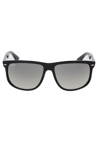 Ochelari de soare din plastic negru, cu o formă rectangulară, lentile cu nuanțe gradient și accente gri pe brațe. Logo-ul Ray-Ban vizibil pe cadru.