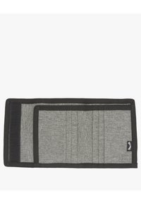 Grijze stoffen portemonnee met een gestructureerd oppervlak, zwarte rand en meerdere kaartsleuven. Bevat een klein merklabel aan de zijkant.