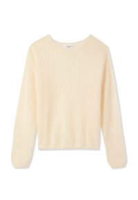 Maglione lavorato a maglia color crema con maniche lunghe, collo rotondo e motivo testurizzato su tutta la superficie. Materiale morbido e leggero.