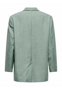 Blazer vert clair en tissu texturé, doté d'un col cranté, de manches longues et d'une coupe droite avec fente arrière.