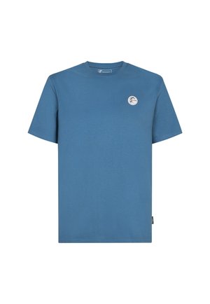 Blue cotton t-shirt with a crew neckline, short sleeves, and a small circular logo on the left chest. Smooth texture, standard fit.