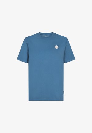 Blauwe katoenen T-shirt met een ronde halslijn, korte mouwen en een klein circulair logo op de linkerkant van de borst. Smooth textuur, normale pasvorm.