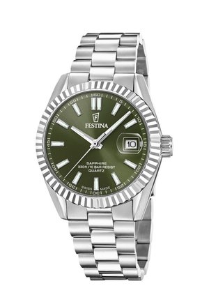 Reloj de pulsera de metal plateado con esfera verde, marcadores blancos de hora, ventana de fecha a las 3 en punto y tres agujas que indican las 10:10:36.
