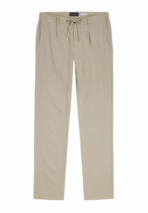 Beige straight-leg trousers with a drawstring waist, side pockets, and a front pleat detail.