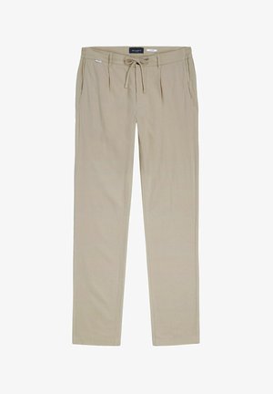Beige straight-leg trousers with a drawstring waist, side pockets, and a front pleat detail.