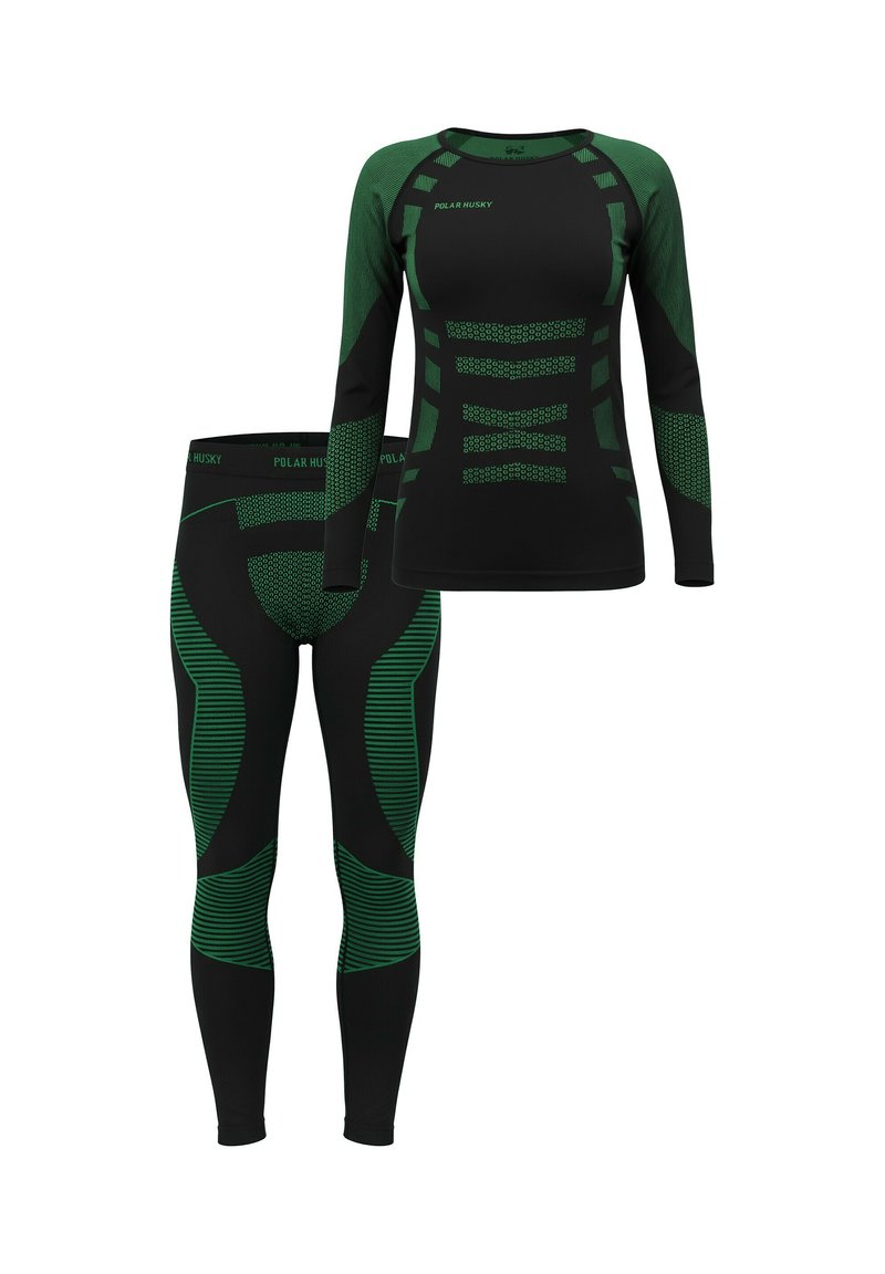Long-sleeve black and green athletic top with textured patterns, paired with matching black and green leggings featuring stripes and accents.