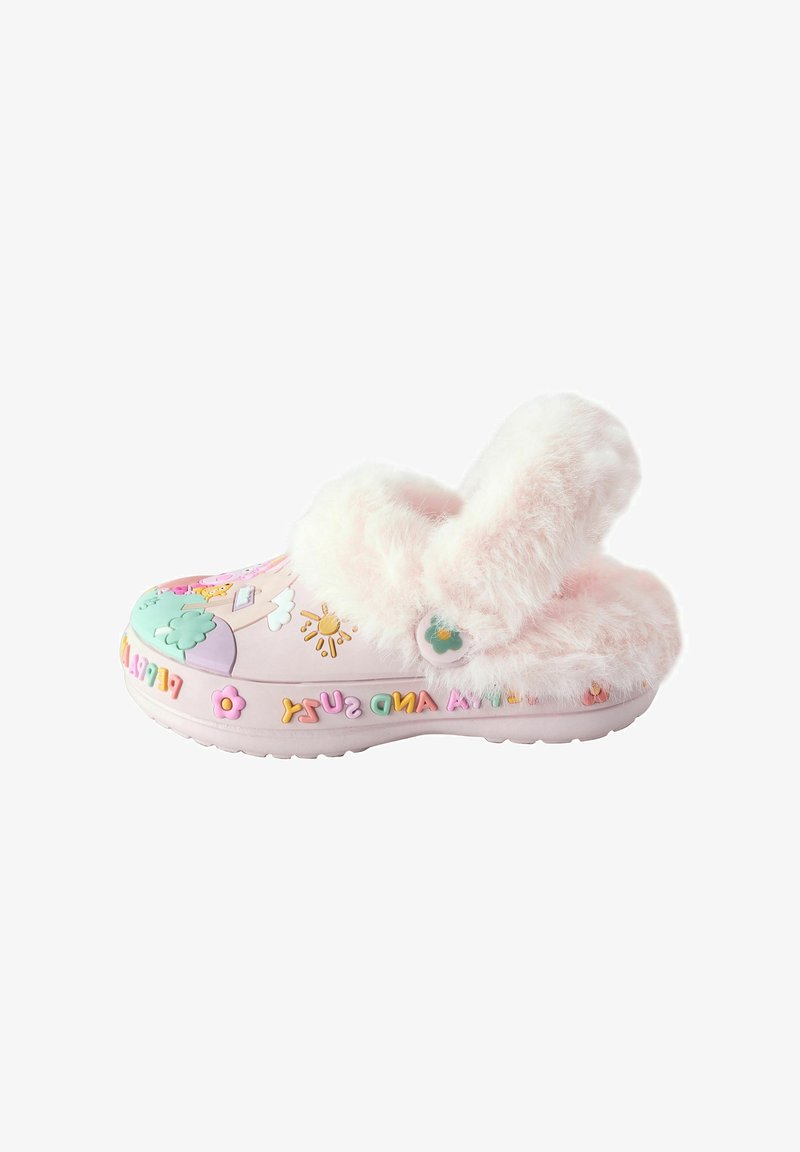 Sabot rose pour enfants avec doublure douce et pelucheuse, décorations colorées de soleil et de nuage, et un bouton en forme de fleur sur la bride.