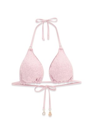 Lichtroze pailletten bikini top met halternek en bindsluitingen, versierd met kleine gouden letter- en hangerbedeltjes op de voorste strikjes.