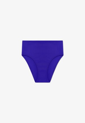Purple bikini bottom with a high-waisted design, made of smooth, stretchable fabric, featuring no visible patterns or hardware details.