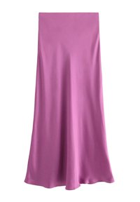 Lang lilla satin nederdel med høj talje og glat, flydende stof, der falder blødt til kanten.