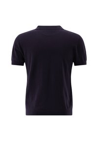 Dunkelviolettes kurzärmliges Poloshirt aus weichem Stoff, mit klassischem Kragen, gerippten Bündchen und geradem Saum. Keine sichtbaren Muster.