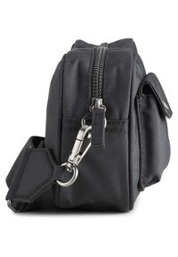 Black fabric bag with a textured surface, zip closure, and a side clip. Features a sturdy strap and a small side pocket.