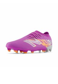 Purple soccer cleat with a textured surface, featuring orange and yellow accents and a sleek design. Studded sole for traction.