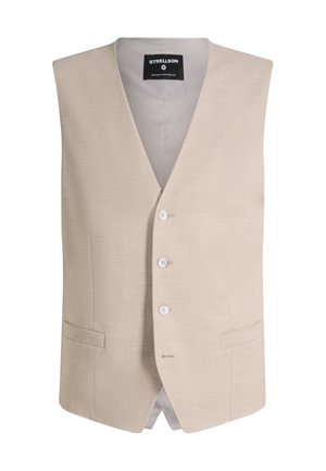 Gilet sartoriale beige da uomo con tre bottoni, due tasche laterali e colletto a V, con etichetta "Strellson" all'interno del colletto.