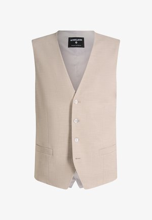 Gilet sartoriale beige da uomo con tre bottoni, due tasche laterali e colletto a V, con etichetta "Strellson" all'interno del colletto.