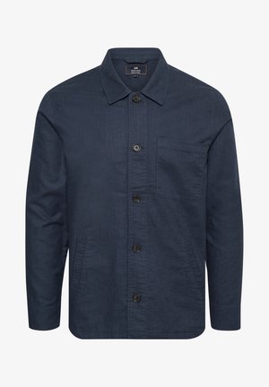 Marineblaues Button-up-Jacket mit Kragen, ausgestattet mit einer Brusttasche, zwei Seitentaschen und einem glatten Textilgewebe. Schwarze Knöpfe betonen die Vorderseite.