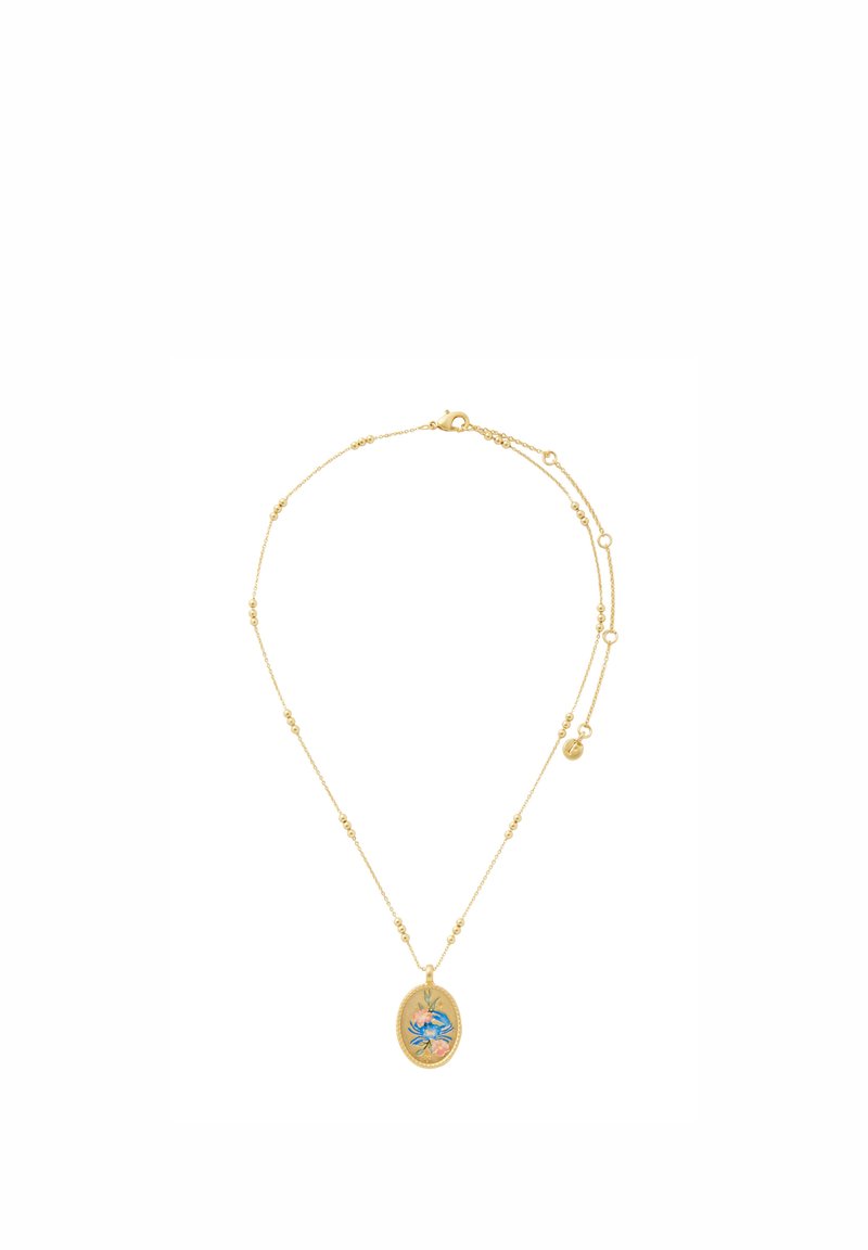 Õrn kuldse kettiga kaelakee, millel on väikesed kuldhelmeste ja ovaalse ripatsiga, millel on sinise ja roosa lillemustri emailiga kujundus.