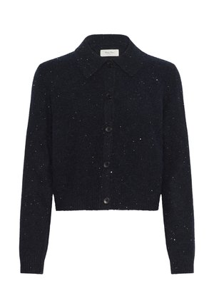 Cardigan din lână bleumarin, cu guler, închidere cu nasturi și textură stropită. Lungime scurtă, cu mâneci lungi și manșete cu nervuri.